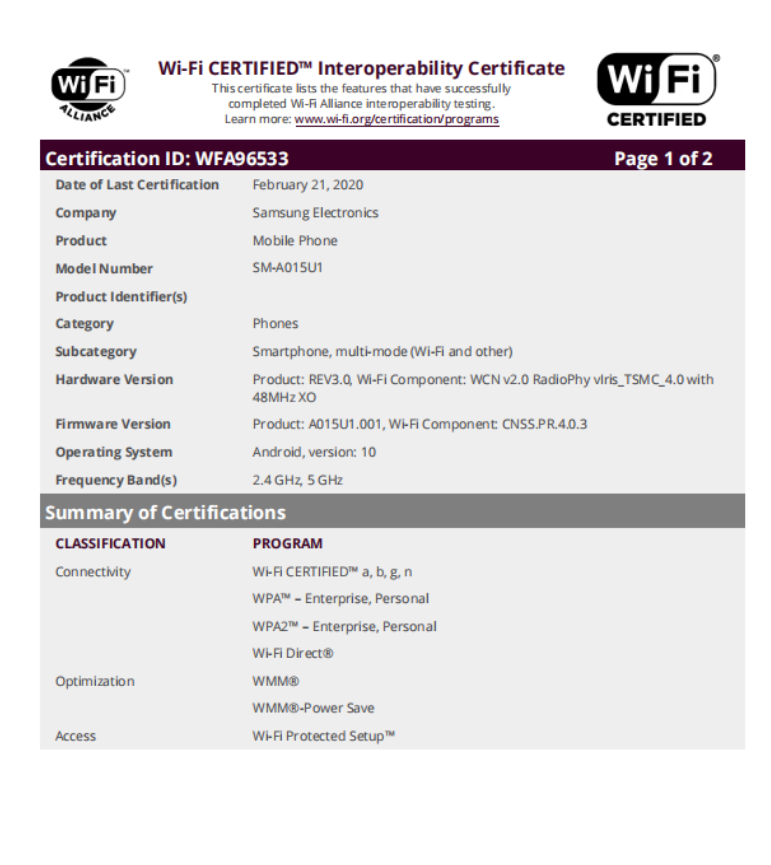 Samsung Galaxy A01 receives Wi-Fi certification